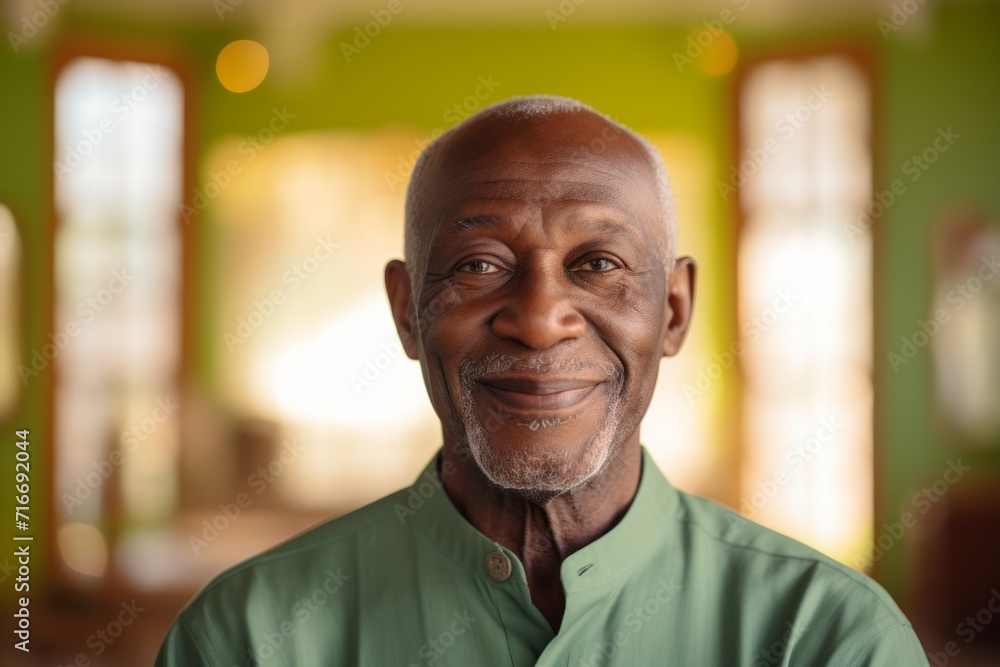 Portrait of a satisfied afro-american elderly man in his 90s wearing a sporty polo shirt against a serene meditation room. AI Generation Portrait of a satisfied afro-american elderly man in his 90s wearing a sporty polo shirt against a serene meditation room. AI Generation