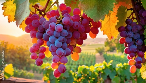  a bunch of grapes hanging from a vine in a vineyard with the sun shining through the leaves and the vines in the foreground, with a vineyard in the background. photo
