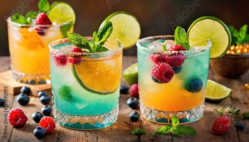  a close up of two glasses of drinks with fruit on the rim and a bowl of strawberries and raspberries on the rim with limes and blueberries.