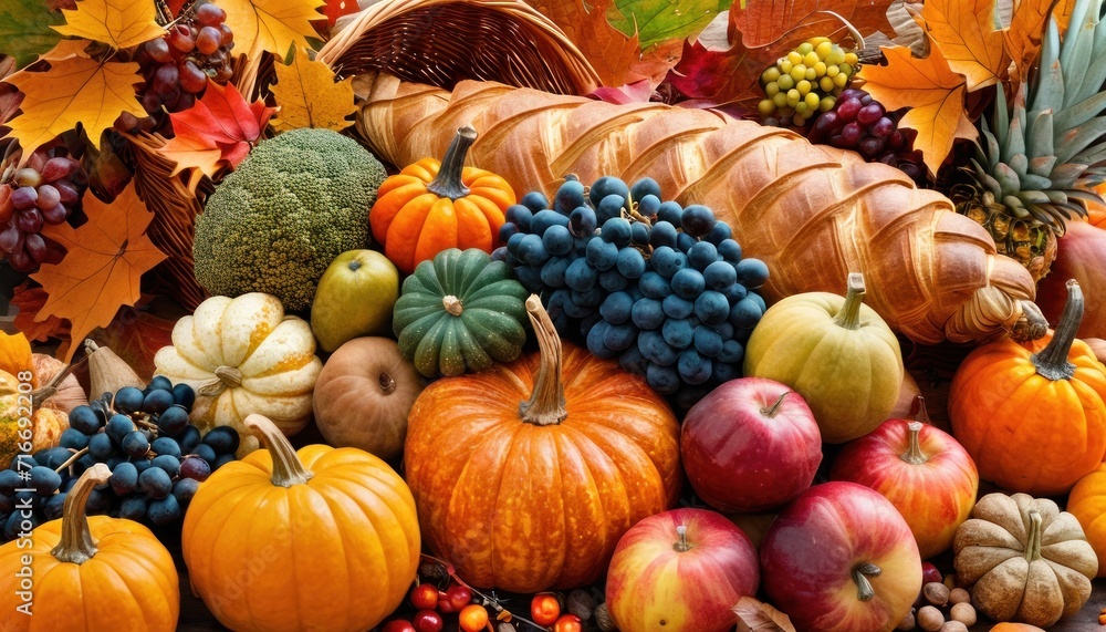 a pile of pumpkins, gourds, grapes, and pineapples on a pile of leaves and a basket of grapes and a bunch of grapes. a pile of pumpkins, gourds, grapes, and pineapples on a pile of leaves and a basket of grapes and a bunch of grapes.