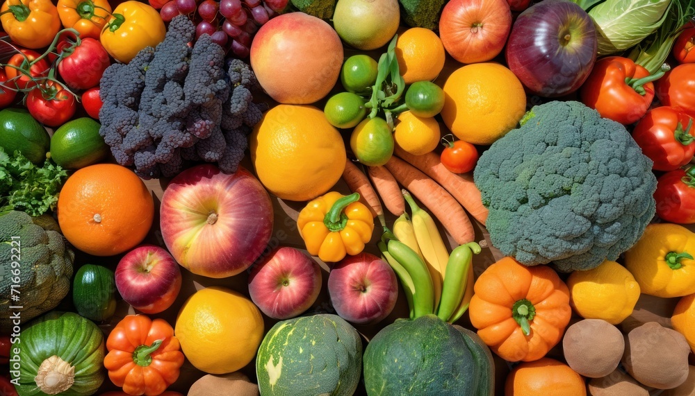 a pile of assorted fruits and vegetables including broccoli, oranges, cauliflower, apples, and other fruit and veggies on a table. a pile of assorted fruits and vegetables including broccoli, oranges, cauliflower, apples, and other fruit and veggies on a table.
