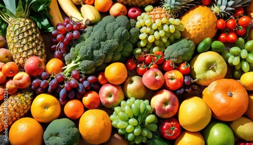  a pile of assorted fruits and vegetables including broccoli  apples  oranges  grapes  pineapples  bananas  oranges and pineapples.