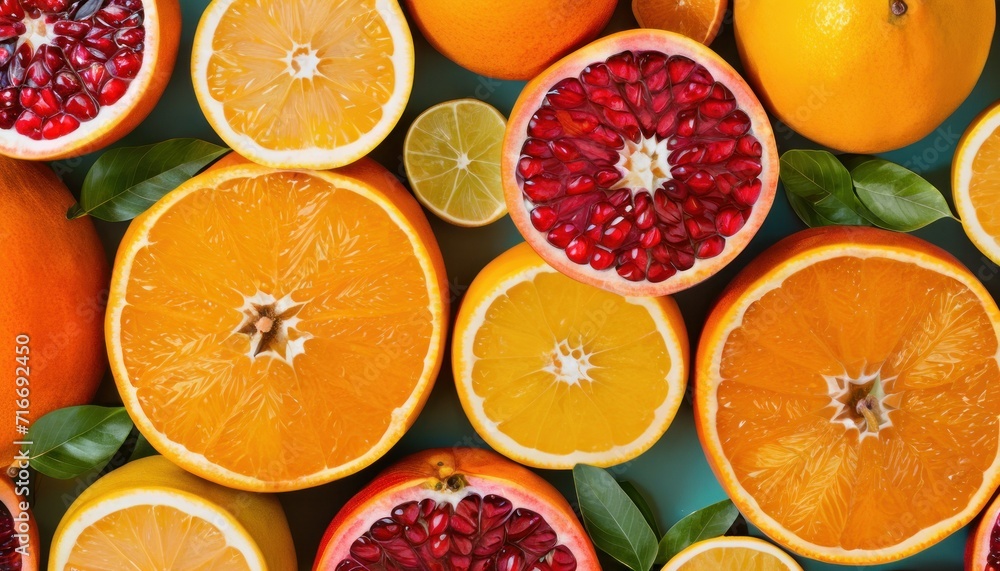 oranges, pomegranates, and limes are arranged in a pattern on a blue surface with green leaves and oranges in the center of the image. oranges, pomegranates, and limes are arranged in a pattern on a blue surface with green leaves and oranges in the center of the image.