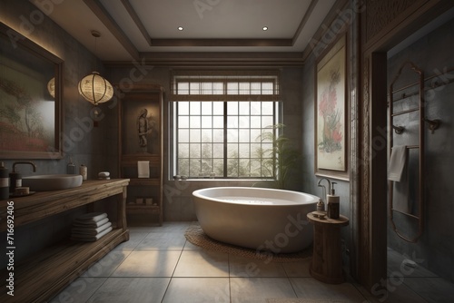 Interior of bathroom in Chinese style house.