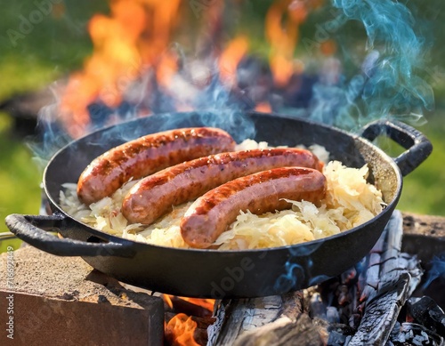 Delicious meal of sausages and sauerkraut being cooked on skillet with fire in background. Perfect for illustrating traditional cooking, outdoor cooking, or German cuisine