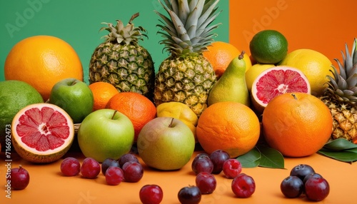  a pile of fruit sitting on top of a table next to a pile of grapes  oranges  apples  lemons  and a pineapple on top of a table.