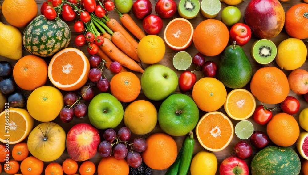 a variety of fruits and vegetables laid out in the shape of a fruit and veggie pattern, including oranges, apples, oranges, bananas, and watermelons. a variety of fruits and vegetables laid out in the shape of a fruit and veggie pattern, including oranges, apples, oranges, bananas, and watermelons.