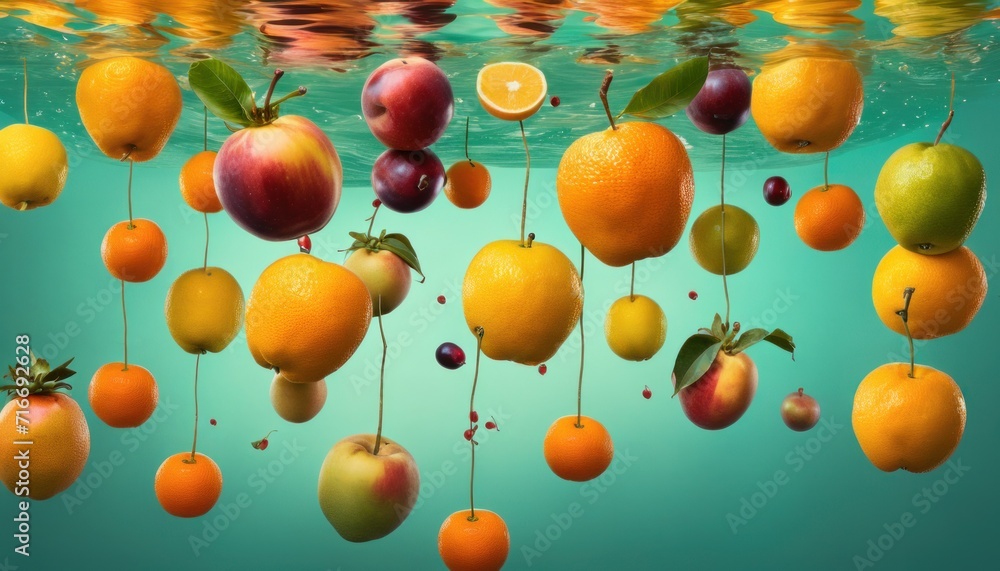 a group of fruit hanging from strings in the water with oranges, apples, cherries, lemons, and cherries hanging from the bottom of the water.