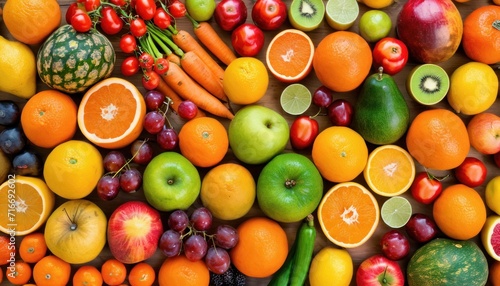  a variety of fruits and vegetables laid out in the shape of a fruit and veggie pattern, including oranges, apples, oranges, bananas, and watermelons. © Jevjenijs