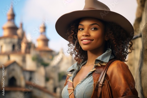 Portrait of a joyful afro-american woman in her 20s wearing a rugged cowboy hat against a backdrop of a grand castle. AI Generation