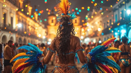 Carnival festival, Latin woman dancer in traditional costume and headdress, rear view photo