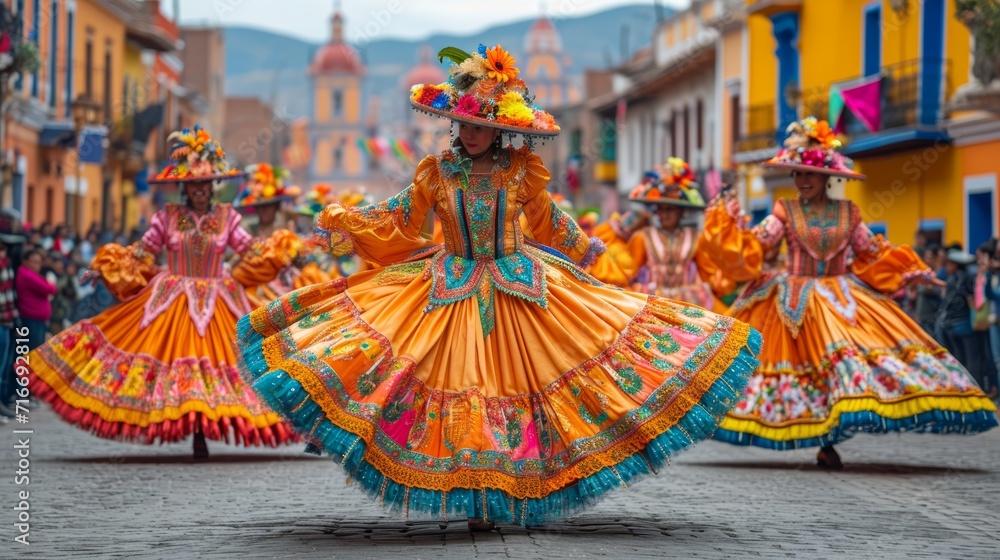 Fototapeta premium Carnival festival, Latin woman dancer in traditional costume and headdress, rear view