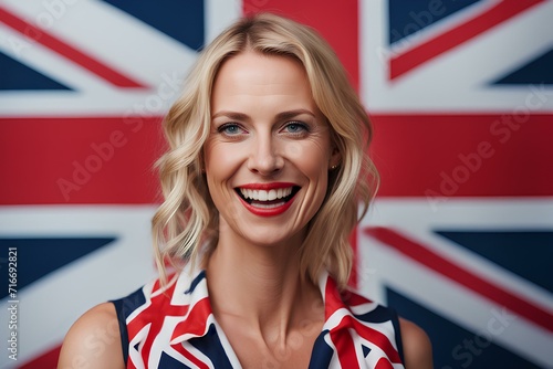A happy smiling British woman dressed in the colors and pattern of Great Britain with the UK flag in the background. Concept for love of country, national pride and patriotism, citizen of England.