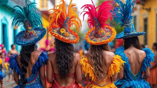 Carnival festival, Latin woman dancer in traditional costume and headdress, rear view