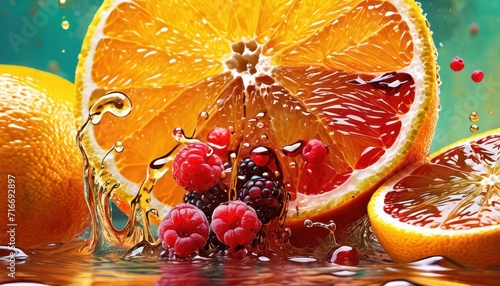 oranges  raspberries  and grapefruits with water splashing around them on a green and blue background with a splash of water on the surface.