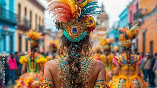 Carnival festival, Latin woman dancer in traditional costume and headdress, rear view photo