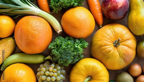  a table topped with lots of different types of fruits and vegetables next to oranges and broccoli on top of a wooden table next to other fruits and vegetables.