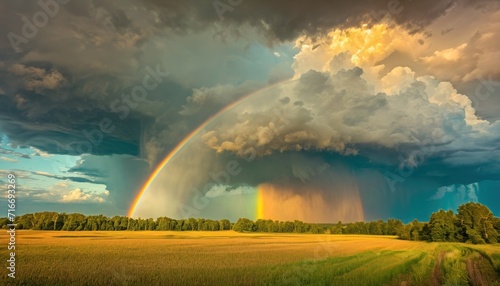  a rainbow shines in the sky above a field of grass with trees in the foreground and a cloudy sky with a rainbow in the middle of the background.