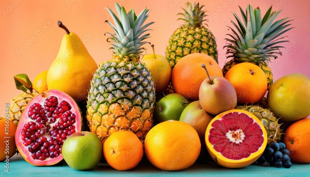  a pile of fruit including pineapples, oranges, pomegranates, and pears on a blue surface with a pink wall in the background.