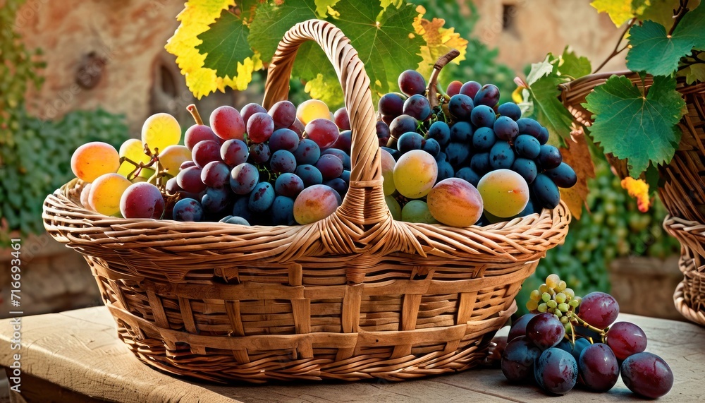 a basket of grapes sits on a table next to a basket of grapes and a basket of grapes on a table next to a basket of grapes on a table. a basket of grapes sits on a table next to a basket of grapes and a basket of grapes on a table next to a basket of grapes on a table.