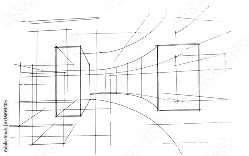 Line drawing of an architectural and construction path. , Graphic assembly in architecture and interior design work. ,Sketch ideas for interior or exterior designs.