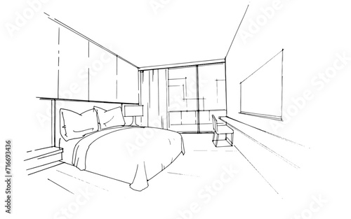Line drawing of a residential bedroom. , Graphic assembly in architecture and interior design work. ,Sketch ideas for interior or exterior designs.