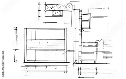 Drawing exterior and interior architectural lines. , Graphic assembly in architecture and interior design work. ,Sketch ideas for interior or exterior designs.