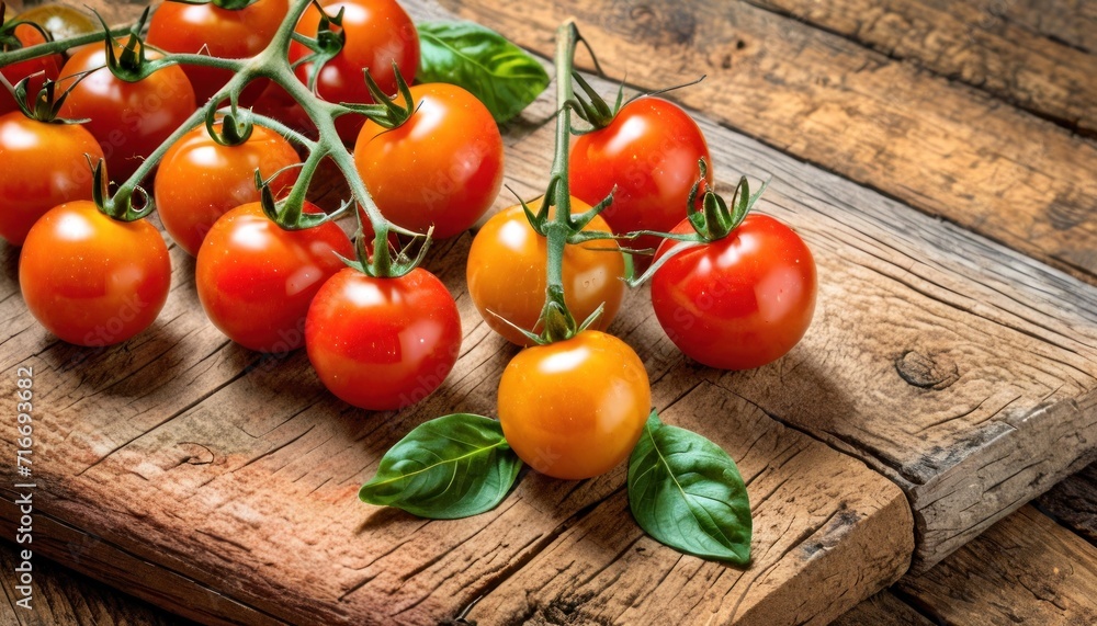 a bunch of tomatoes sitting on top of a wooden cutting board next to a green leafy plant on a piece of wood with a wooden board in the background. a bunch of tomatoes sitting on top of a wooden cutting board next to a green leafy plant on a piece of wood with a wooden board in the background.