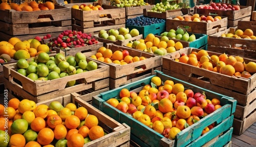  a pile of crates filled with lots of different types of apples and oranges next to other crates filled with different types of apples and different types of oranges. © Jevjenijs