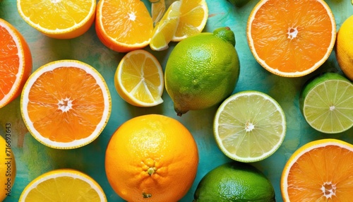  a group of oranges  limes  and lemons on a blue surface with one cut in half and the other half in the middle of the whole.
