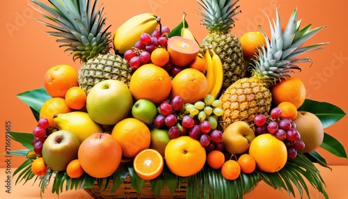  a basket of fruit with pineapples  oranges  bananas  apples  oranges  grapes  and oranges on an orange background with palm leaves.