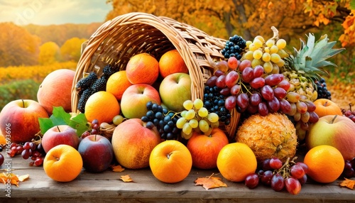  a pile of fruit sitting on top of a wooden table next to a basket of oranges, apples, grapes, and pineapples on top of a wooden table.