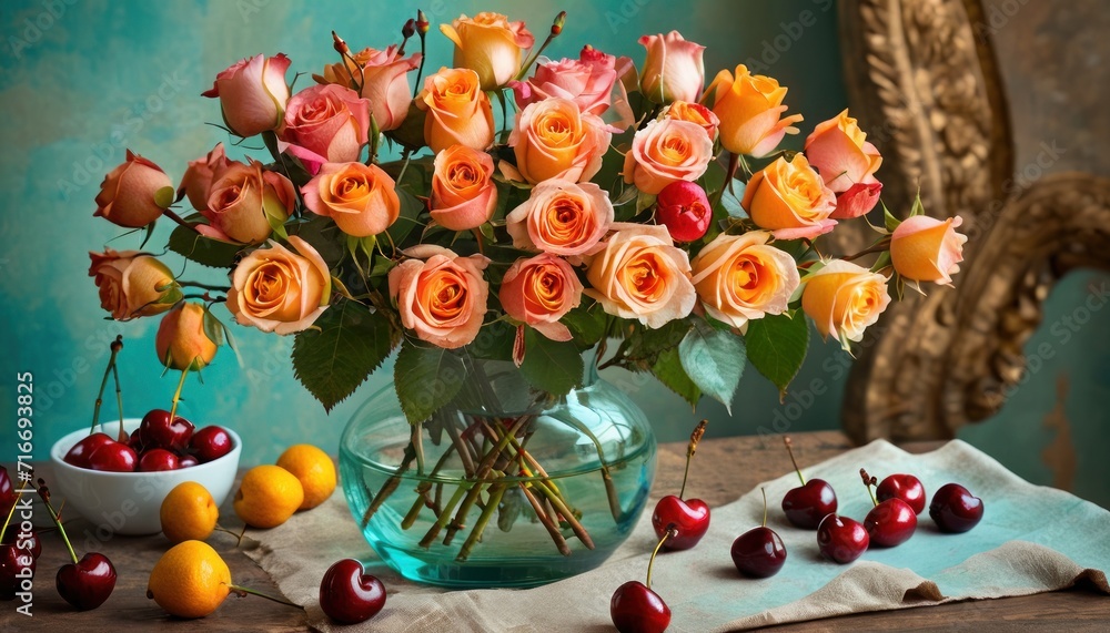  a vase filled with orange and pink roses next to a bowl of cherries and a bowl of cherries and a bowl of cherries on a wooden table.