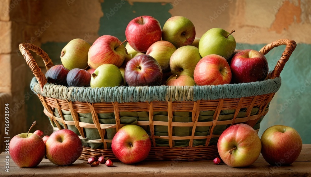 a basket full of apples sitting on top of a table next to another basket with apples in it on top of a table next to another basket with apples in front of them. a basket full of apples sitting on top of a table next to another basket with apples in it on top of a table next to another basket with apples in front of them.