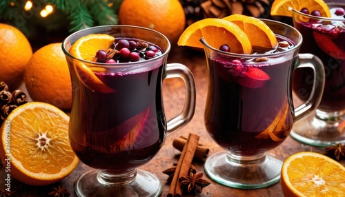  two glasses of mulled with cranberries, orange slices, cinnamon, and star anise on a table surrounded by oranges and cinnamon sticks and pine cones.