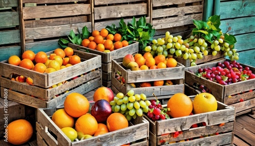  a pile of wooden crates filled with lots of different types of fruit on top of a wooden floor next to wooden crates filled with oranges, grapes, apples, pears, and oranges.