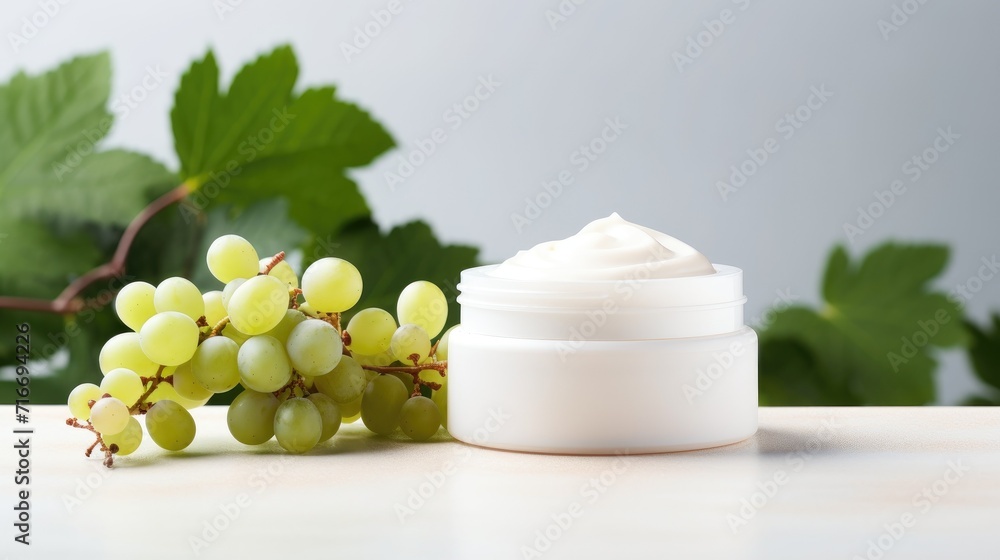 Natural beauty skin care product with grape. Trend grape by-products in sustainable cosmetics. Organic cosmetics with grape seed oil. Zero Waste Winemaking Natural beauty skin care product with grape. Trend grape by-products in sustainable cosmetics. Organic cosmetics with grape seed oil. Zero Waste Winemaking
