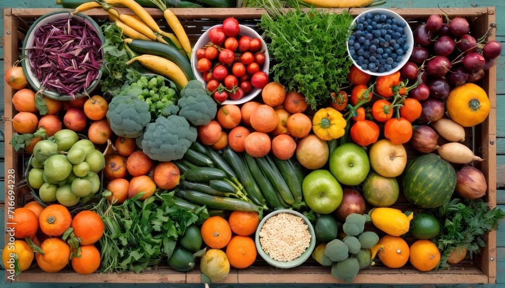 a wooden crate filled with lots of different types of fruits and vegetables next to bowls of veggies and fruits and veggies on top of other fruits and vegetables. a wooden crate filled with lots of different types of fruits and vegetables next to bowls of veggies and fruits and veggies on top of other fruits and vegetables.