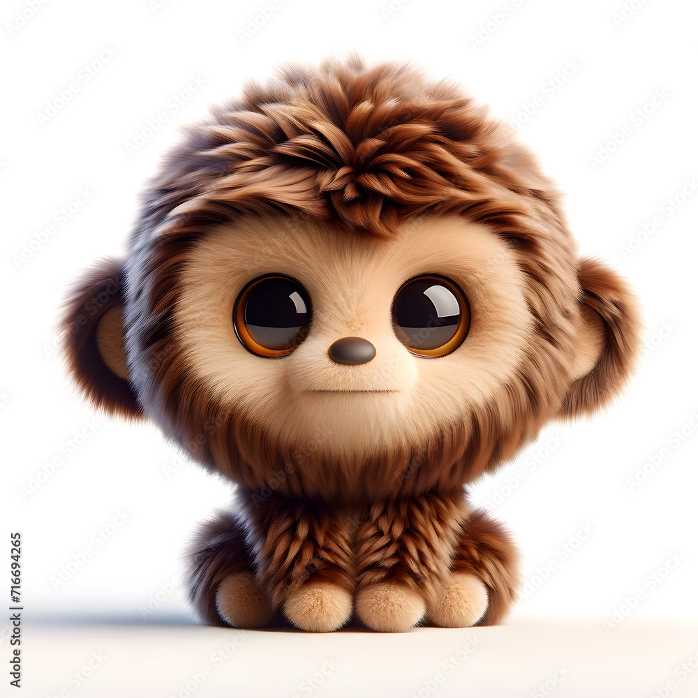 Fototapeta premium cute brown woolly monkey looking at the viewer, styled as a 3D fluffy toy, isolated on a clean white background