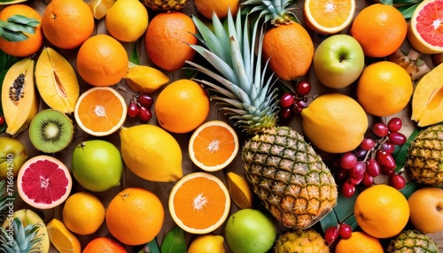  a bunch of different types of fruit on a table with pineapples, oranges, kiwis, apples, and watermelon on the table. photo