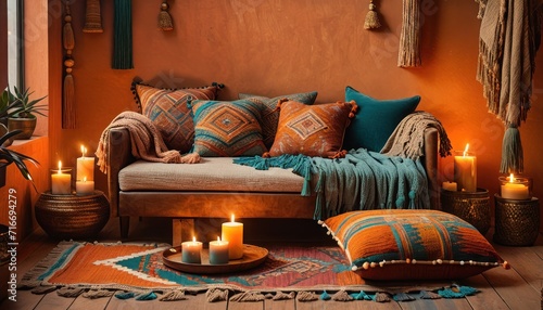  a living room with a couch, pillows, candles, and a rug on the floor in front of the couch is a coffee table with a tray of candles on it.