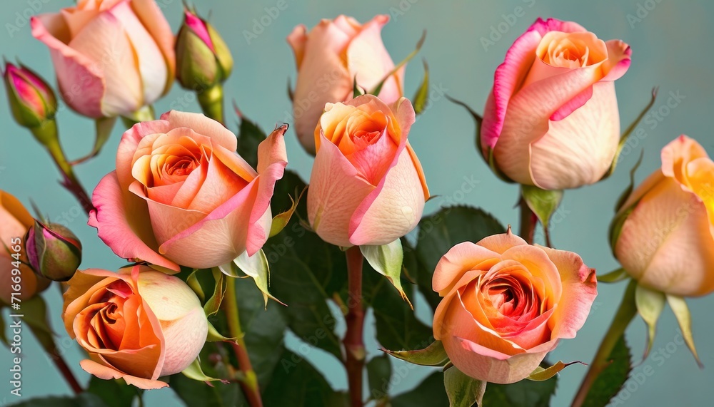 a close up of a bunch of pink and orange roses in a vase with green leaves and a blue wall in the background with a blue wall in the background. a close up of a bunch of pink and orange roses in a vase with green leaves and a blue wall in the background with a blue wall in the background.