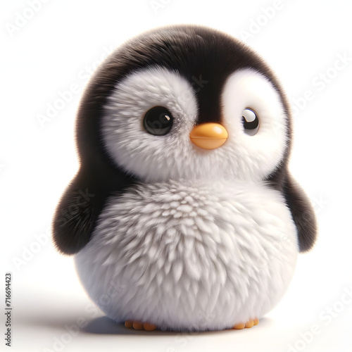 cute penguin looking at the viewer, styled as a 3D fluffy toy, isolated on a clean white background