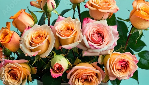  a bouquet of orange and pink roses in a vase on a blue background with green leaves and a pink rose in the middle of the middle of the bouquet .