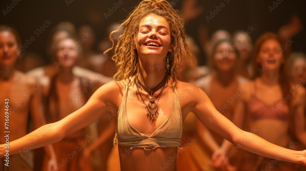 Une femme danse joyeuse en tenues claires sous un éclairage doré captivant - obrazy, fototapety, plakaty 