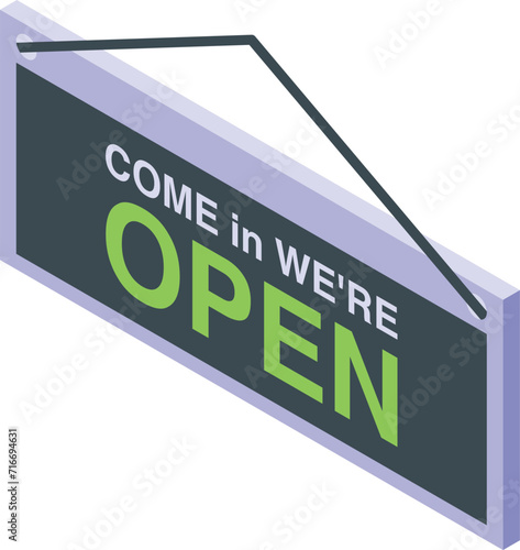 Come we are open icon isometric vector. Street shop. Sticker retail