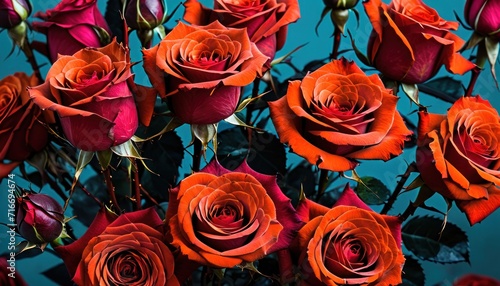  a bouquet of orange and red roses on a blue background with a black stem in the middle of the bouquet of red and orange roses on a teal blue background.