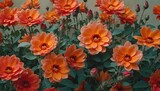  a bunch of orange flowers that are growing in a planter with green leaves and red flowers in the middle of the picture, with a white wall in the background.