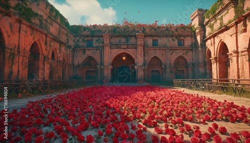  a courtyard with a lot of red flowers in the middle of the floor and a building in the background with arches and doorways on both sides of the courtyard.