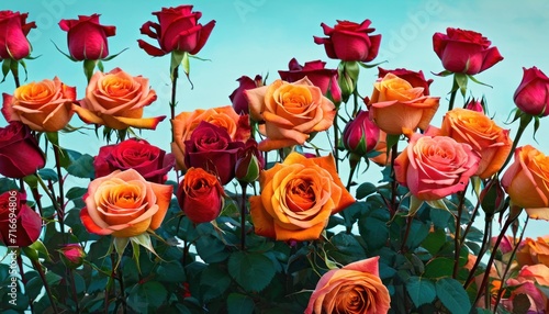  a bunch of orange and red roses on a blue background with a sky in the background of the image is a bunch of orange and red roses on a blue background with green leaves.